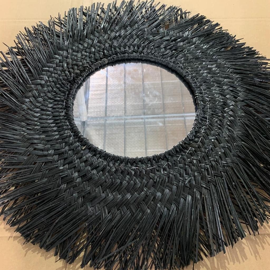 Ohilo Handmade Black Seagrass Bohemian Round Mirror Wall Hanging | Rattan Boho Decor for Living Room, Bedroom, Bathroom 70cm Dia (30cm Mirror)