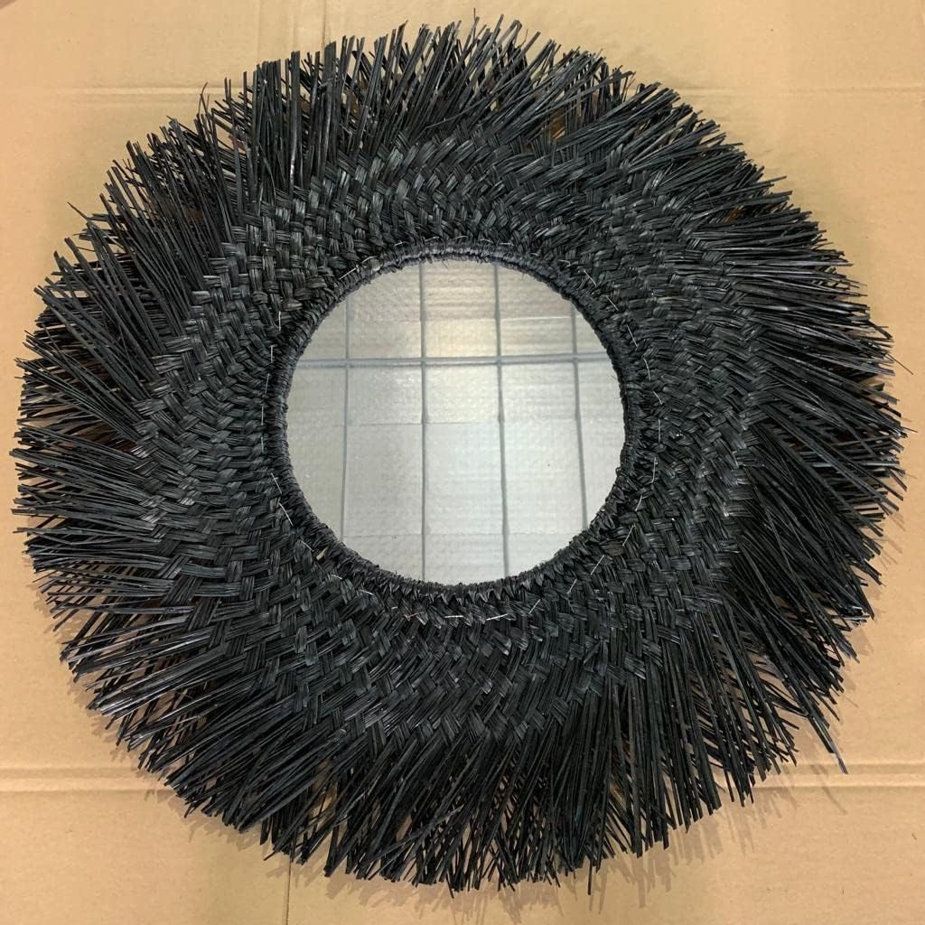 Ohilo Handmade Black Seagrass Bohemian Round Mirror Wall Hanging | Rattan Boho Decor for Living Room, Bedroom, Bathroom 70cm Dia (30cm Mirror)