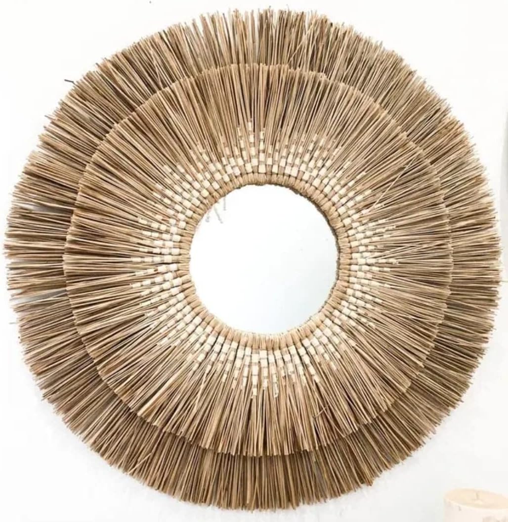 Ohilo Handmade Seagrass Bohemian Round Mirror Wall Hanging | Rattan Boho Decor for Living Room, Bedroom, Bathroom 70cm Dia (30cm Mirror)…