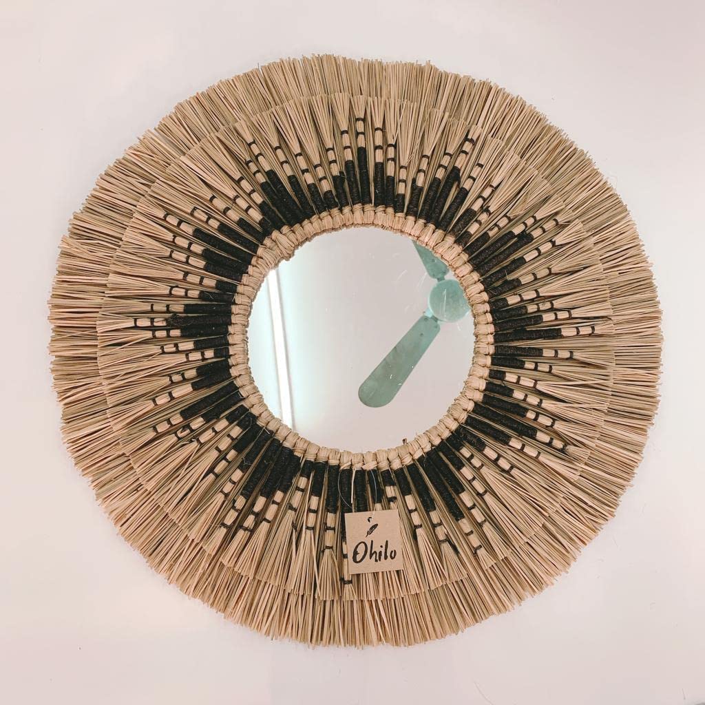 Ohilo Handmade Seagrass Bohemian Round Mirror Inside Black | Wall Hanging | Rattan Boho Decor for Living Room, Bedroom, Bathroom 70cm Dia (30cm Mirror)