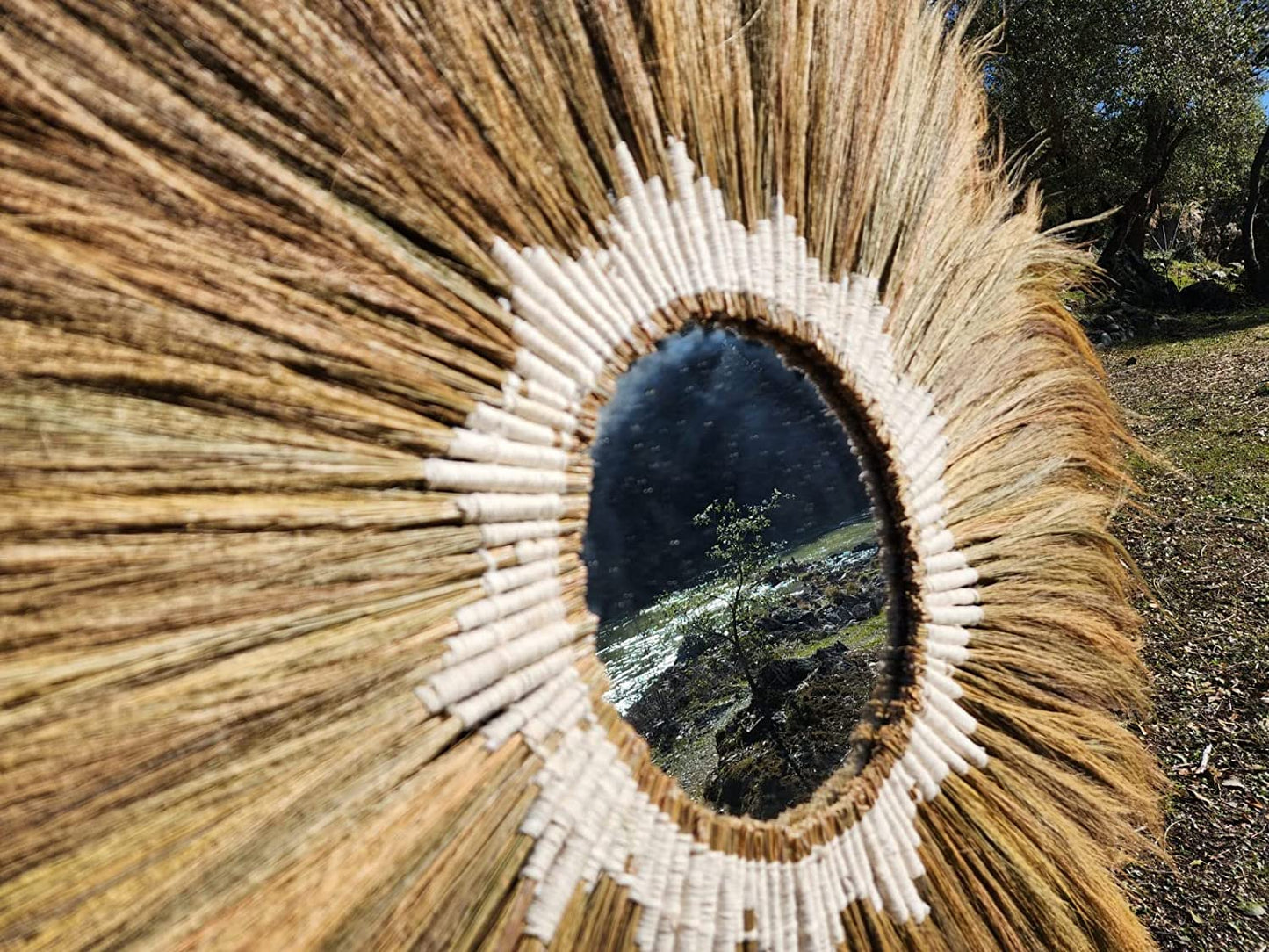 Ohilo Large Natural Rayung Fringed Wall Mirror in Bohemian Style | Natural Tiger Grass Wall Hanging for Home Decor Gift