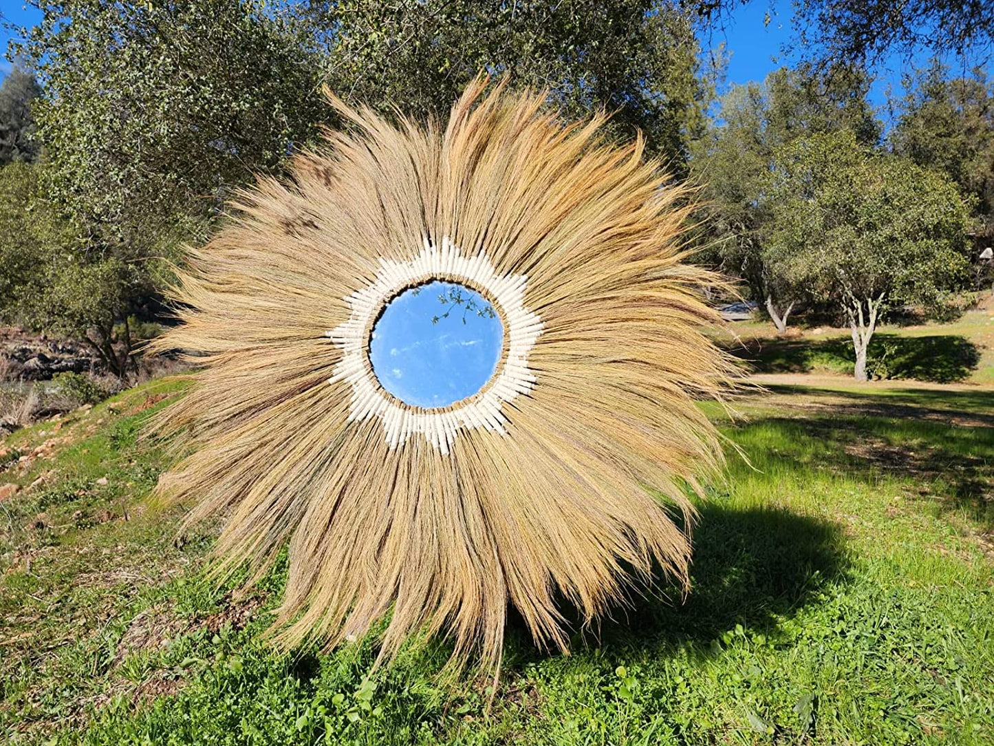 Ohilo Large Natural Rayung Fringed Wall Mirror in Bohemian Style | Natural Tiger Grass Wall Hanging for Home Decor Gift