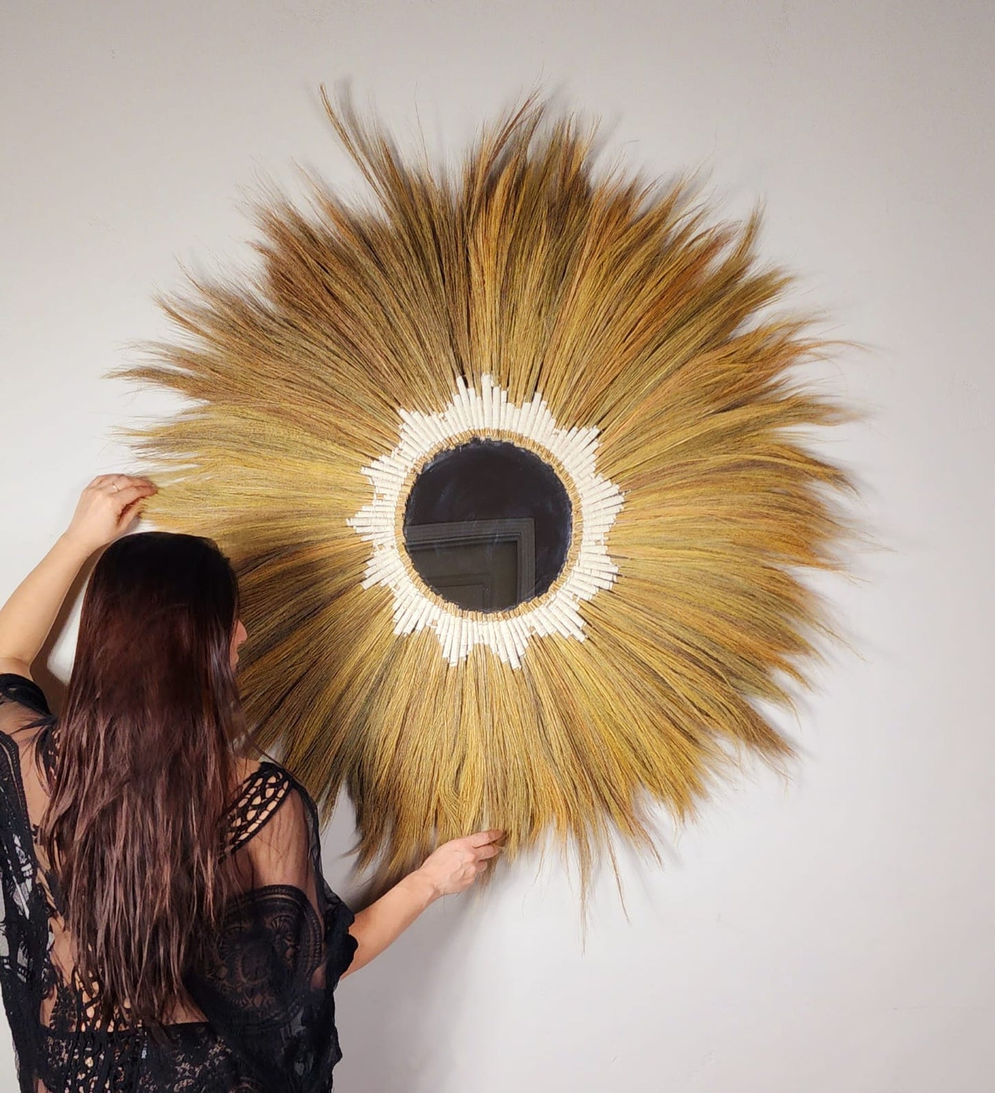 Ohilo Large Natural Rayung Fringed Wall Mirror in Bohemian Style | Natural Tiger Grass Wall Hanging for Home Decor Gift