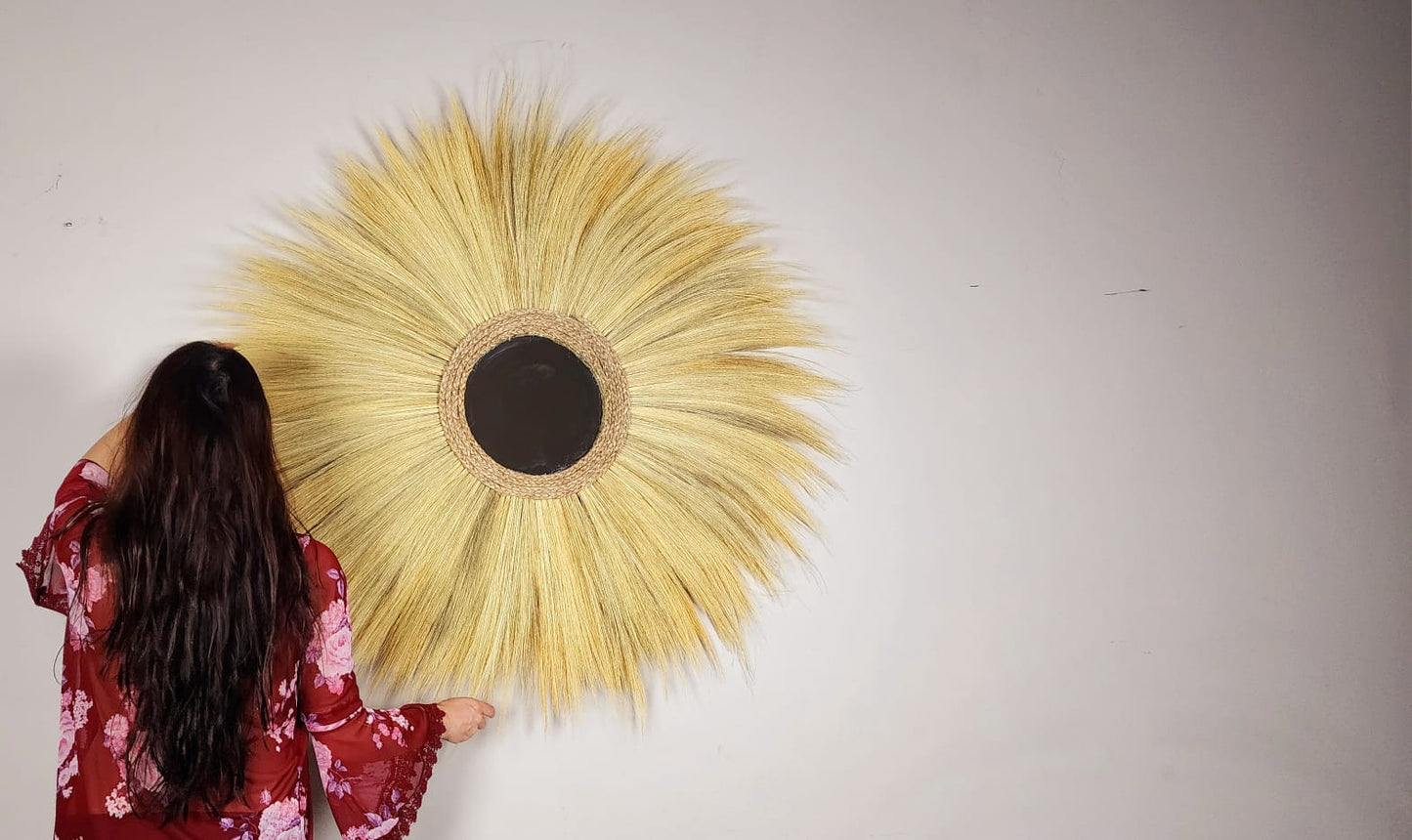 Ohilo Large Natural Rayung Fringed Wall Mirror in Bohemian Style | Tiger Grass Wall Hanging for Home Decor Gift