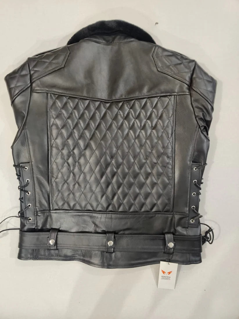 REAL NATURAL COW LEATHER BIKERS QUILTED BACK PANEL &amp; REMOVABLE FUR COLLAR JACKET