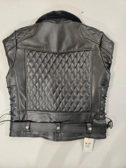 REAL NATURAL COW LEATHER BIKERS QUILTED BACK PANEL &amp; REMOVABLE FUR COLLAR JACKET