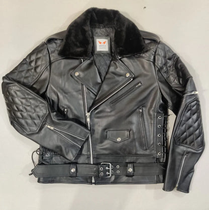 REAL NATURAL COW LEATHER BIKERS QUILTED BACK PANEL &amp; REMOVABLE FUR COLLAR JACKET