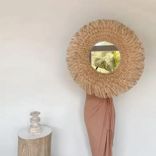 Ohilo Handmade Seagrass Bohemian Round Mirror Wall Hanging Rattan Boho Decor Traditional Natural Material | 70cm Dia (30cm Mirror)