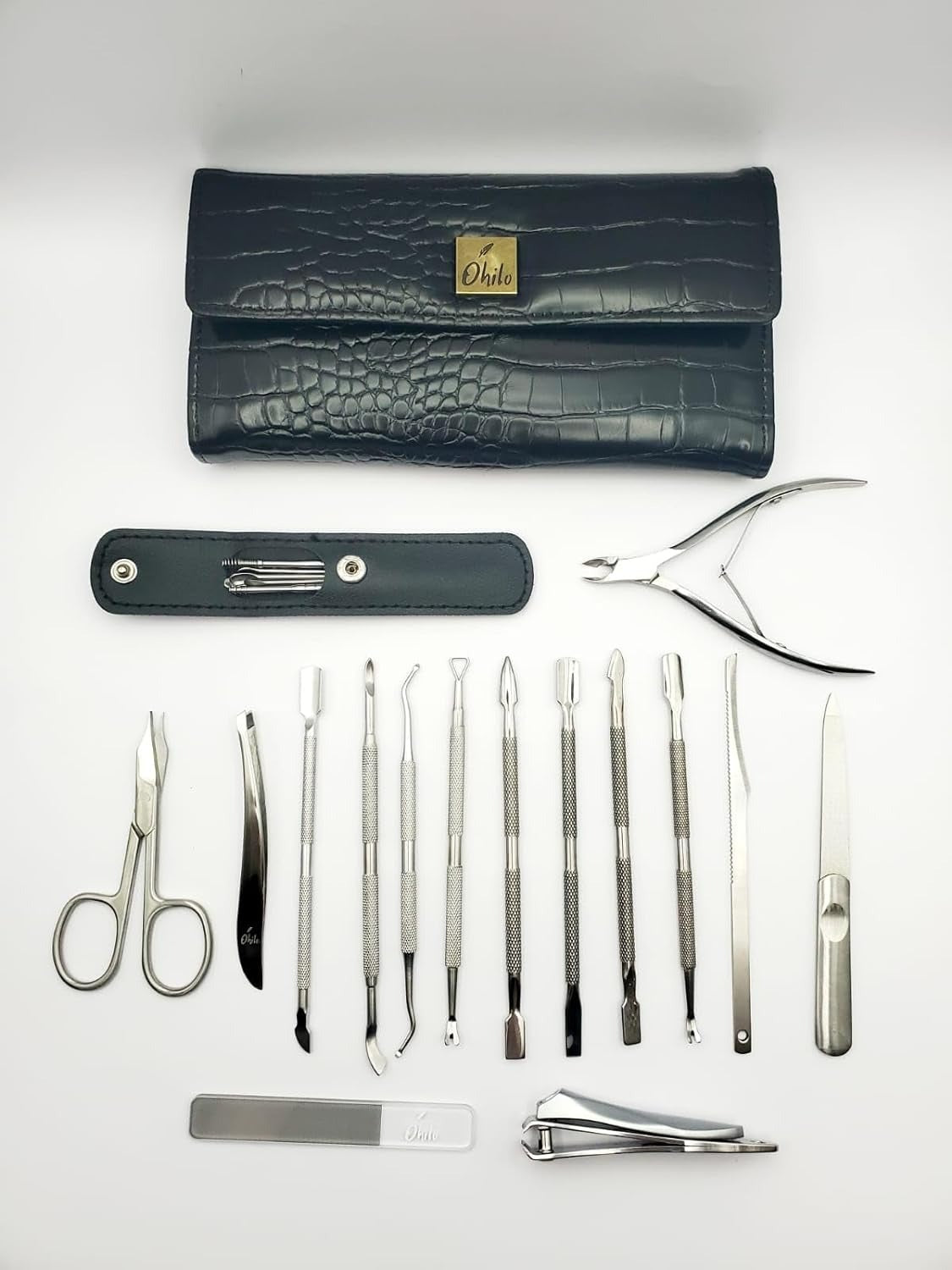 ÓHILO Manicure Set for Women Stainless Steel 21 Pcs including 8 Pusher, 2 Cuticle Nipper, 2 Nail Files, 1 Nail Cutter, 1 Eyebrow Hair Clip, 1 Pedicure Knife & 6 Ear Wax Removers