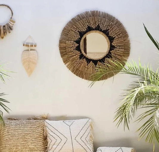 Ohilo Handmade Seagrass Bohemian Round Mirror Inside Black | Wall Hanging | Rattan Boho Decor for Living Room, Bedroom, Bathroom 70cm Dia (30cm Mirror)