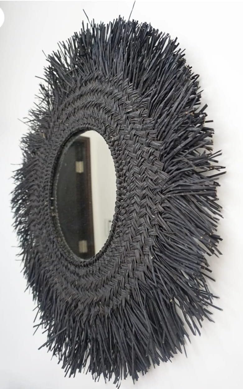 Ohilo Handmade Black Seagrass Bohemian Round Mirror Wall Hanging | Rattan Boho Decor for Living Room, Bedroom, Bathroom 70cm Dia (30cm Mirror)