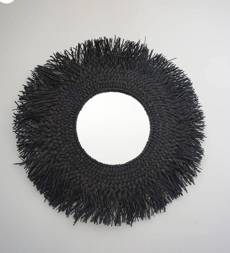 Ohilo Handmade Black Seagrass Bohemian Round Mirror Wall Hanging | Rattan Boho Decor for Living Room, Bedroom, Bathroom 70cm Dia (30cm Mirror)