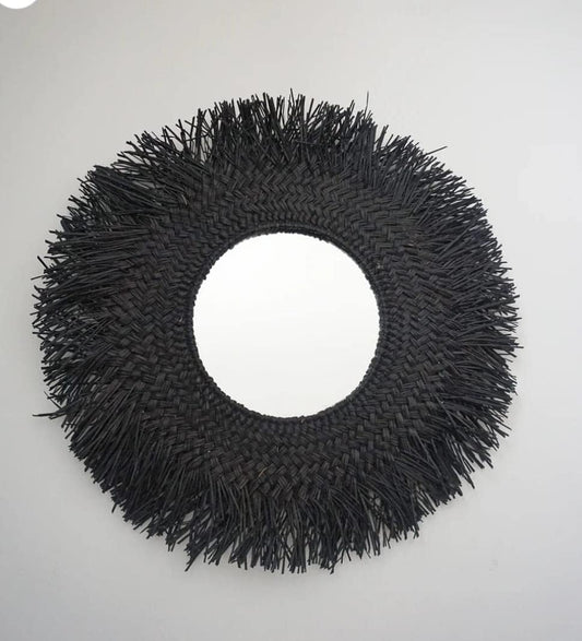 Ohilo Handmade Black Seagrass Bohemian Round Mirror Wall Hanging | Rattan Boho Decor for Living Room, Bedroom, Bathroom 70cm Dia (30cm Mirror)