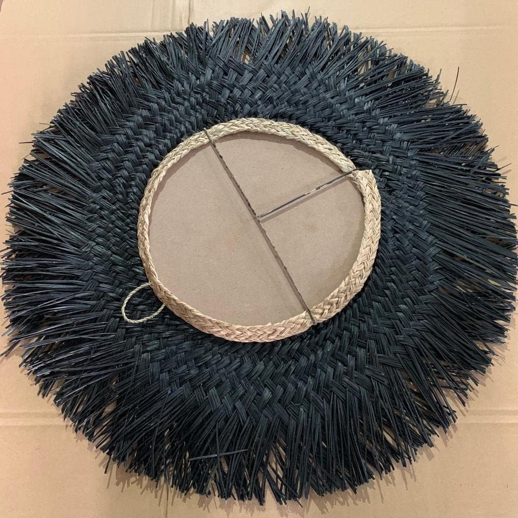 Ohilo Handmade Black Seagrass Bohemian Round Mirror Wall Hanging | Rattan Boho Decor for Living Room, Bedroom, Bathroom 70cm Dia (30cm Mirror)