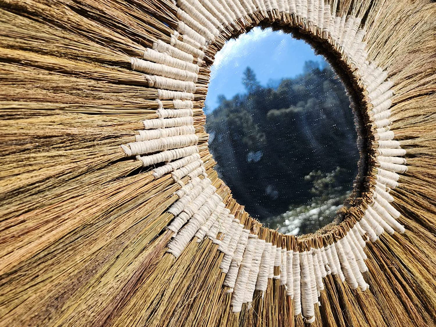 Ohilo Large Natural Rayung Fringed Wall Mirror in Bohemian Style | Natural Tiger Grass Wall Hanging for Home Decor Gift