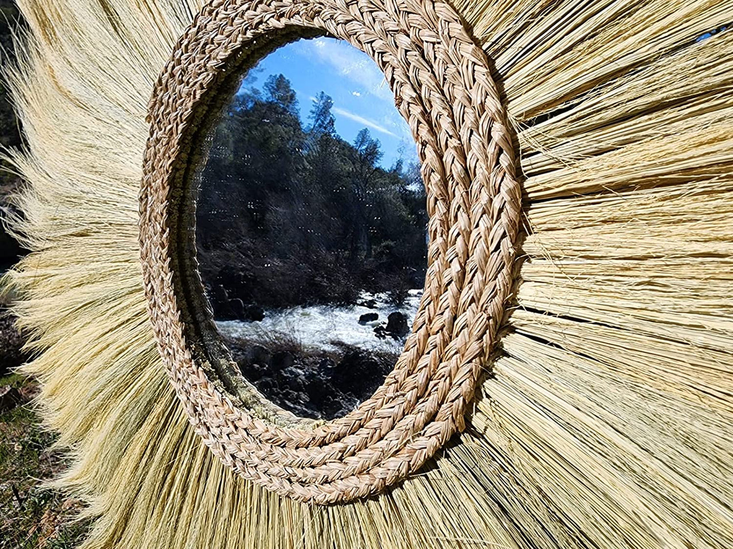 Ohilo Large Natural Rayung Fringed Wall Mirror in Bohemian Style | Natural Tiger Grass Wall Hanging for Home Decor Gift