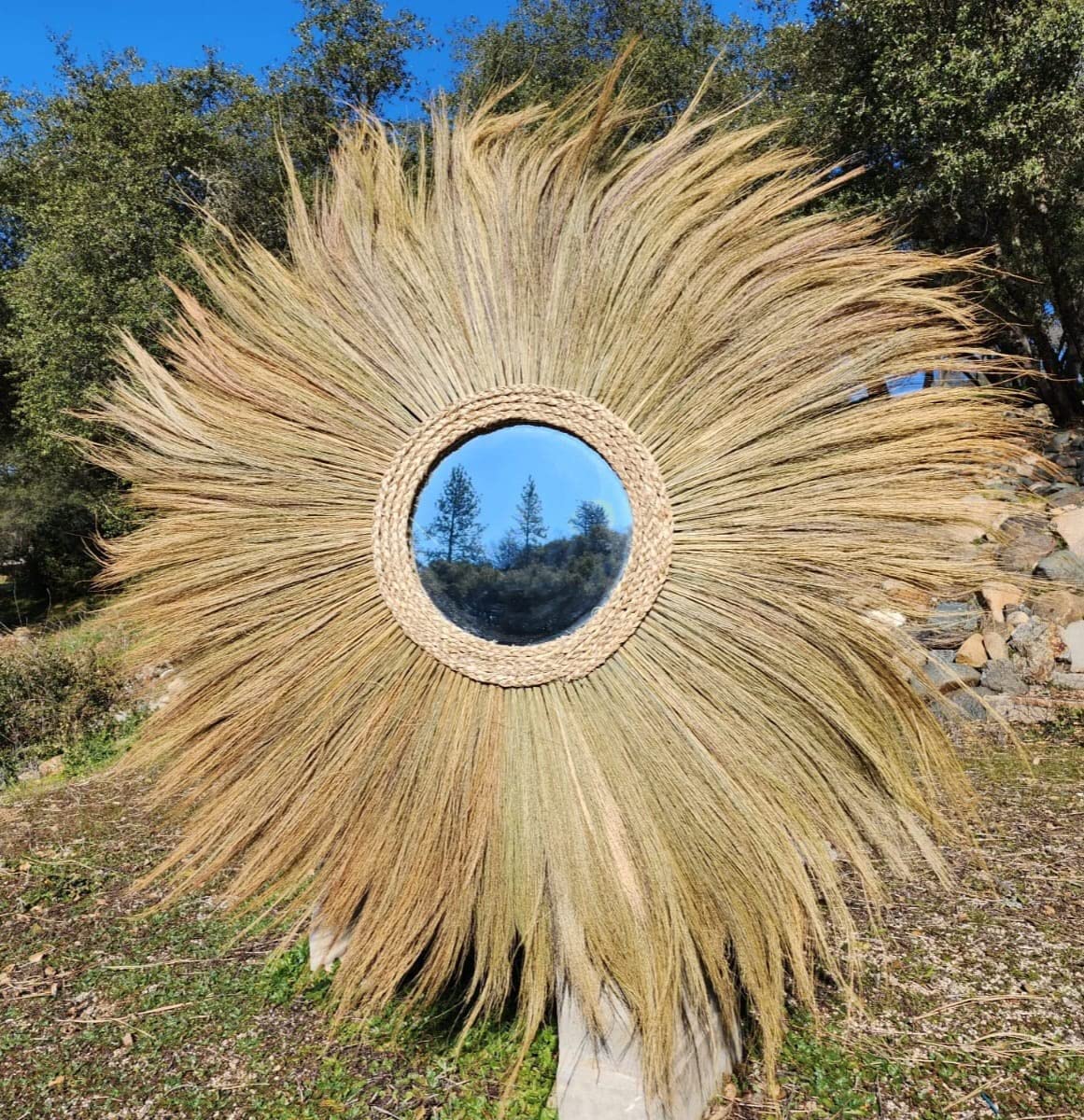 Ohilo Large Natural Rayung Fringed Wall Mirror in Bohemian Style | Natural Tiger Grass Wall Hanging for Home Decor Gift