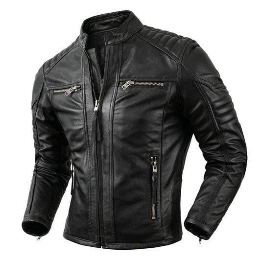 Men's Real Leather Bikers Jacket Quilted Panels Cafe Racer Jacket Bikers Jacket