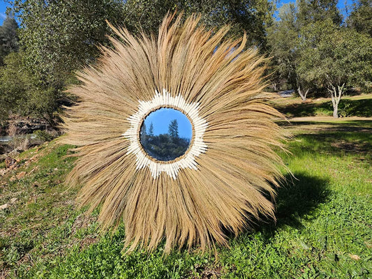 Ohilo Large Natural Rayung Fringed Wall Mirror in Bohemian Style | Natural Tiger Grass Wall Hanging for Home Decor Gift