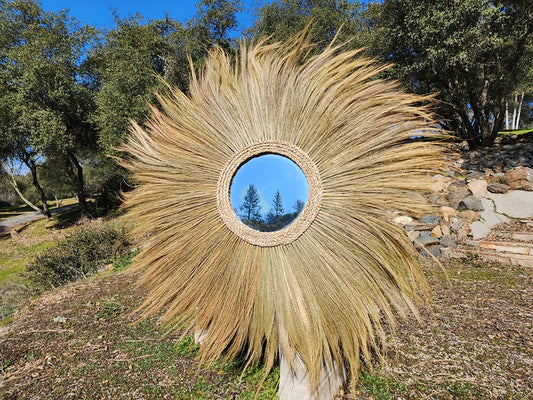 Ohilo Large Natural Rayung Fringed Wall Mirror in Bohemian Style | Natural Tiger Grass Wall Hanging for Home Decor Gift