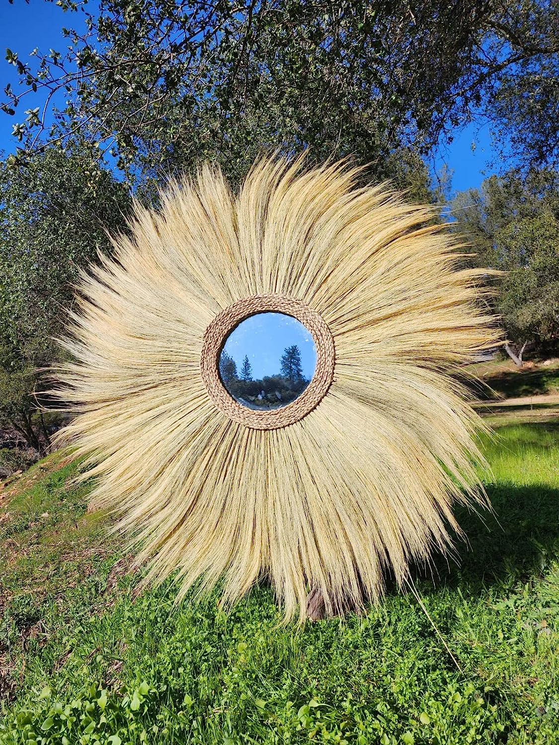 Ohilo Large Natural Rayung Fringed Wall Mirror in Bohemian Style | Tiger Grass Wall Hanging for Home Decor Gift