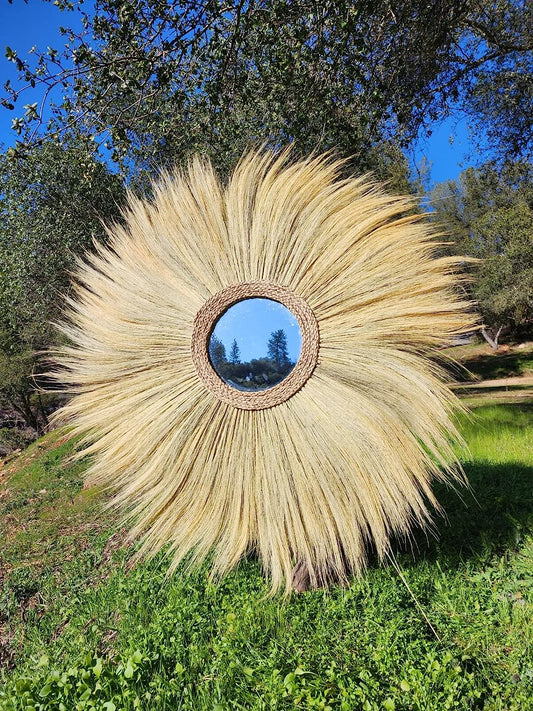 Ohilo Large Natural Rayung Fringed Wall Mirror in Bohemian Style | Tiger Grass Wall Hanging for Home Decor Gift
