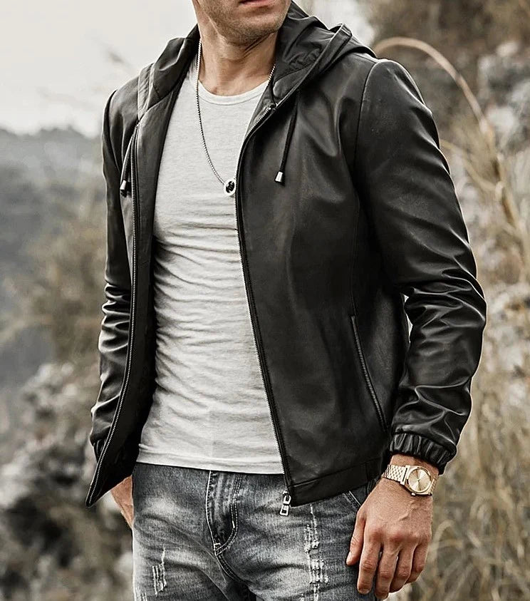 MEN'S REAL NATURAL LAMB LEATHER JACKET WITH HOOD