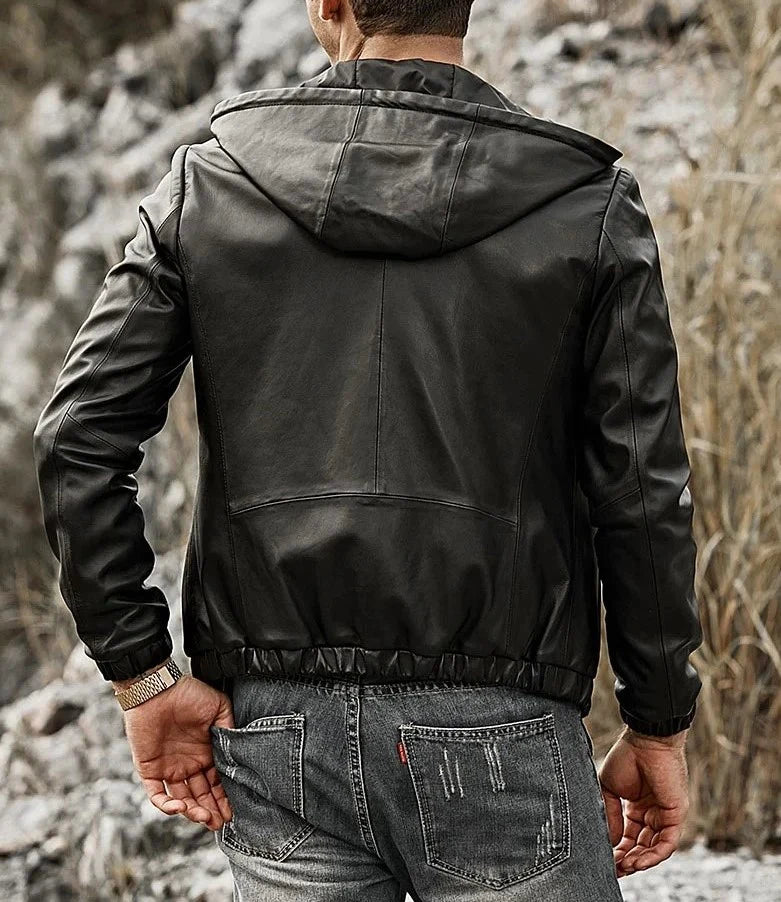 MEN'S REAL NATURAL LAMB LEATHER JACKET WITH HOOD