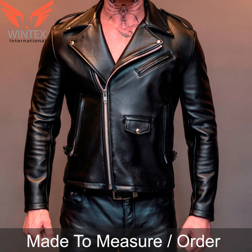 Men’s Genuine Cowhide Leather Bikers Jacket – Black Leather Brando Jacket