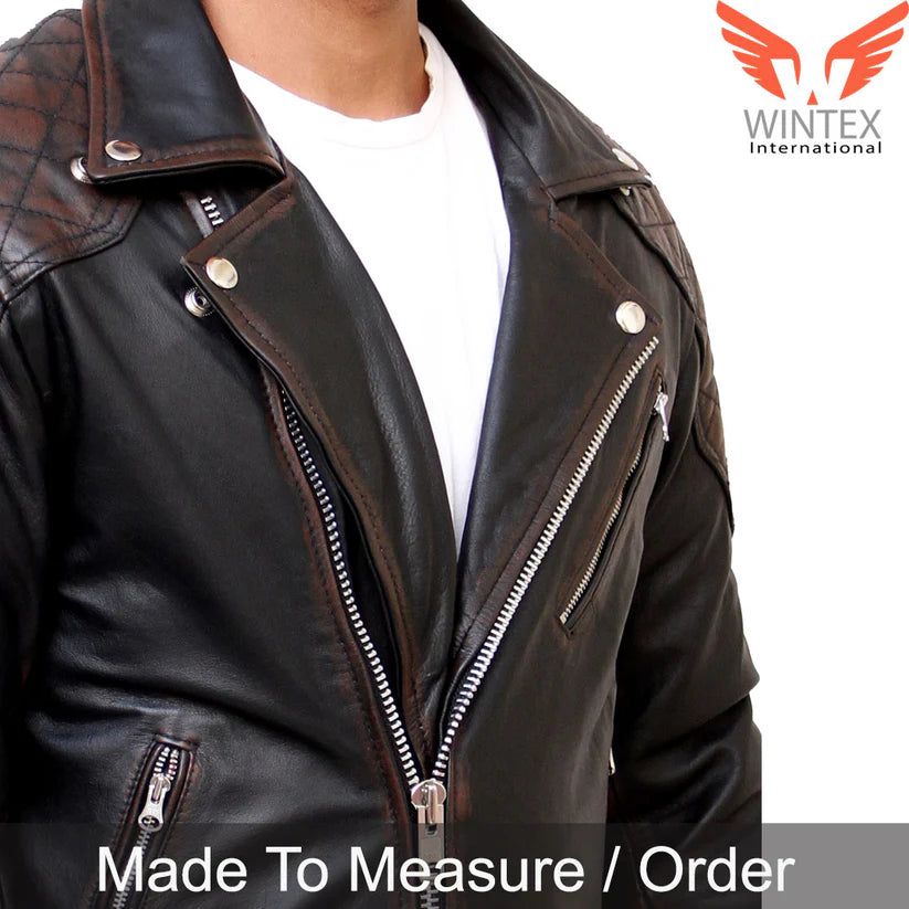 Men’s Brown Distressed Cowhide Leather Motor Biker’s Jacket with Quilted Panels