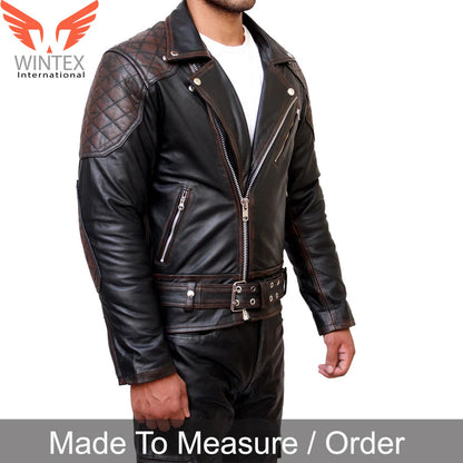 Men’s Brown Distressed Cowhide Leather Motor Biker’s Jacket with Quilted Panels