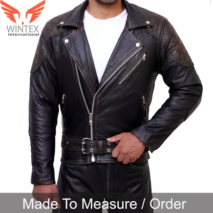 Men’s Brown Distressed Cowhide Leather Motor Biker’s Jacket with Quilted Panels