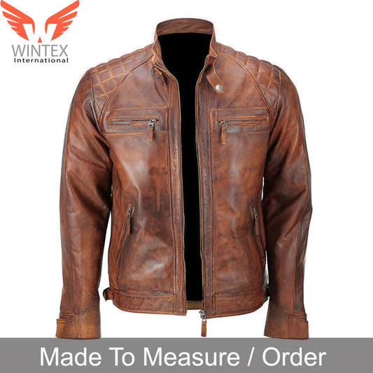 Men’s Real Lamb Distressed Leather Jacket with Quilted Panels – Motor Bikers Leather Jacket