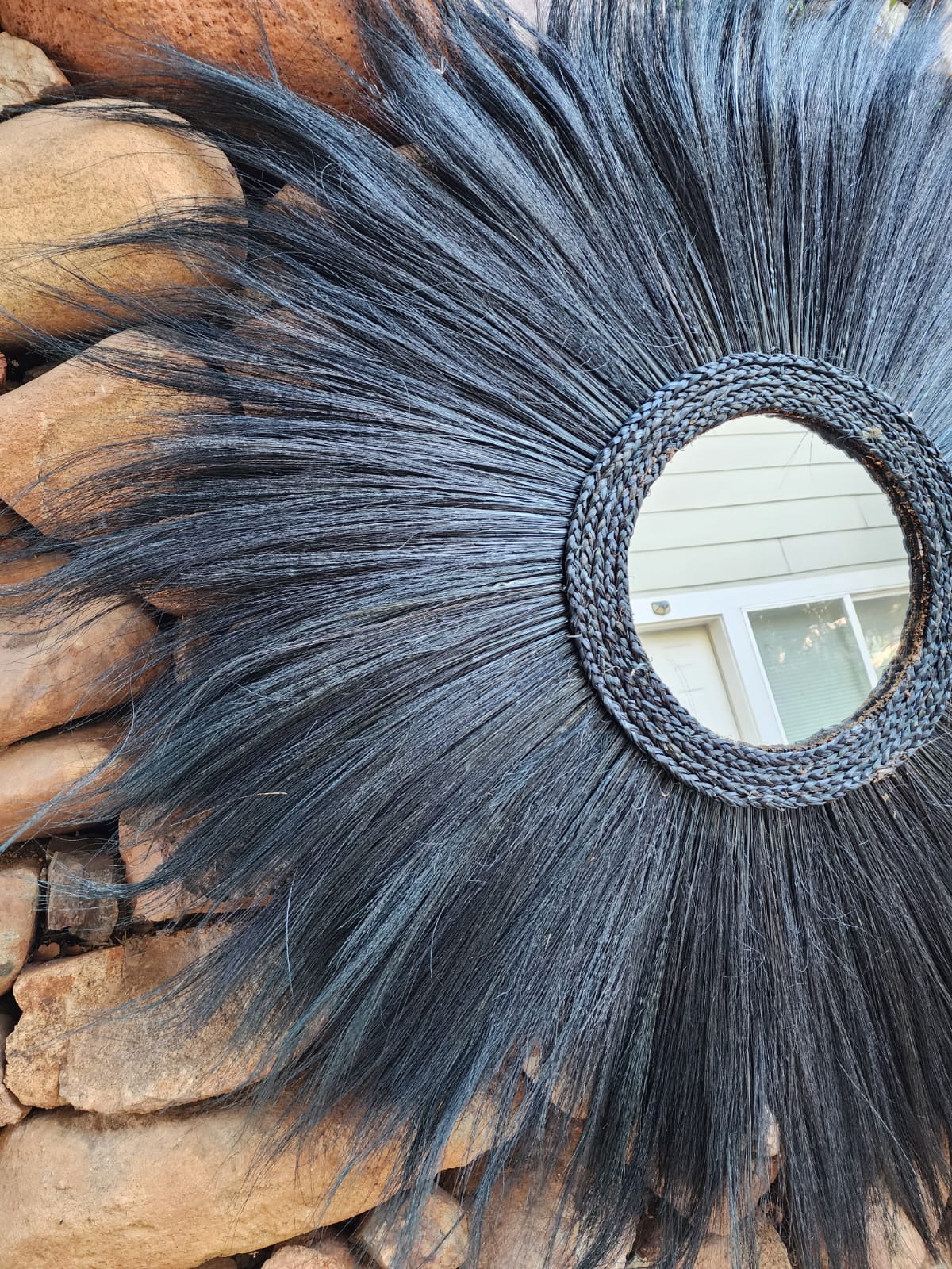 Ohilo Large Natural Rayung Fringed Wall Mirror in Bohemian Style | Tiger Grass Wall Hanging for Home Decor Gift (Black)