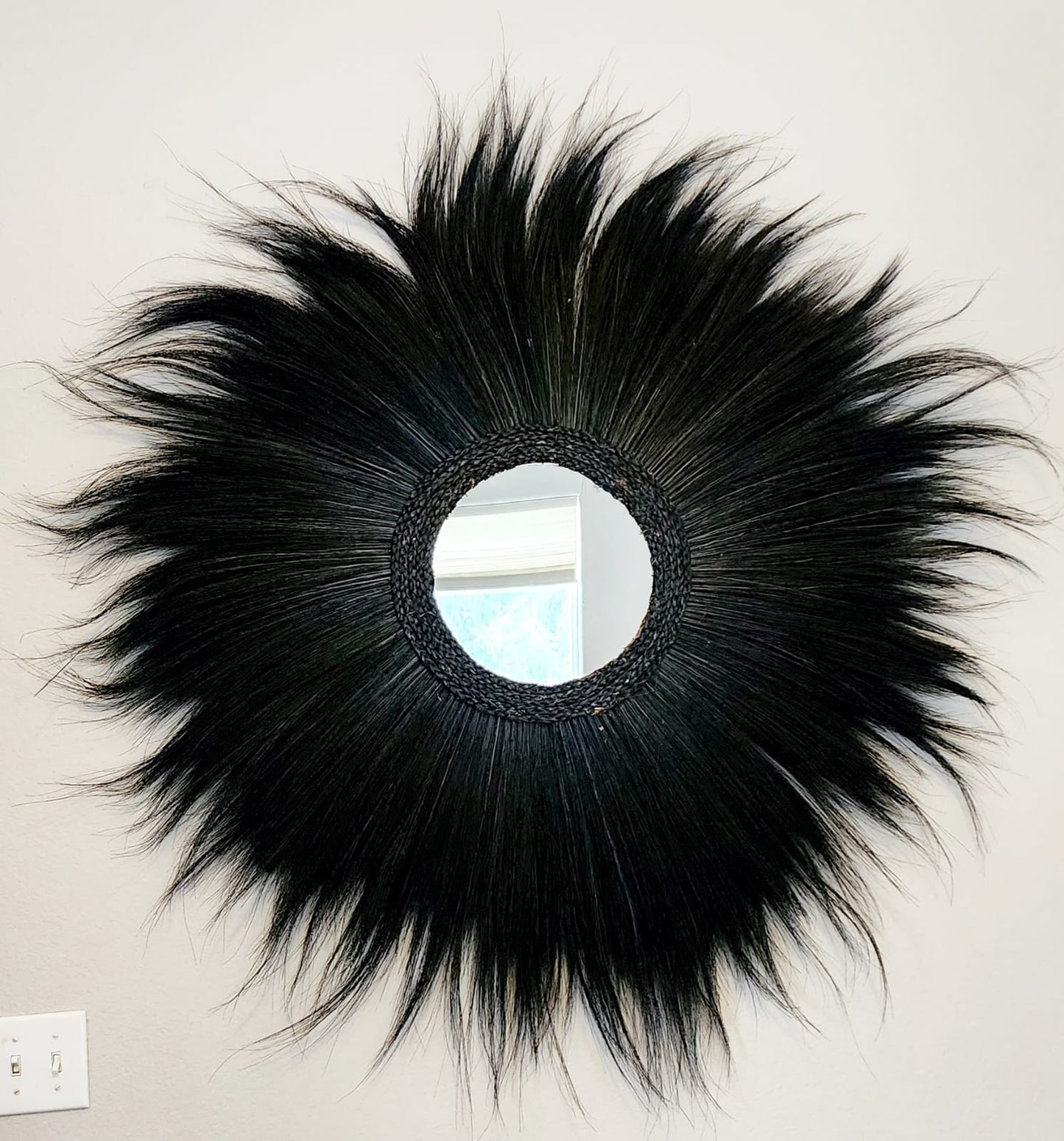 Ohilo Large Natural Rayung Fringed Wall Mirror in Bohemian Style | Tiger Grass Wall Hanging for Home Decor Gift (Black)