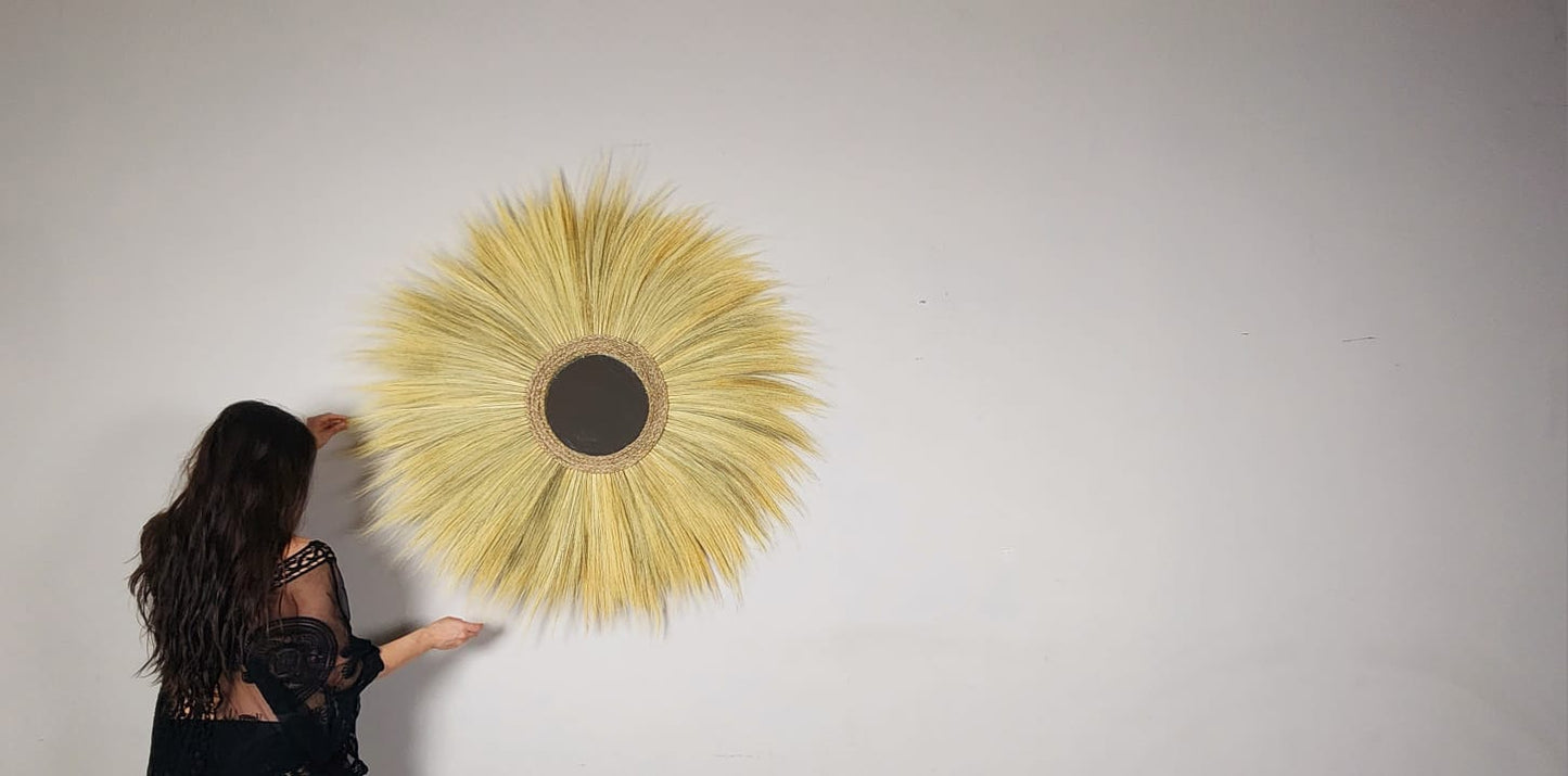 Ohilo Large Natural Rayung Fringed Wall Mirror in Bohemian Style | Tiger Grass Wall Hanging for Home Decor Gift
