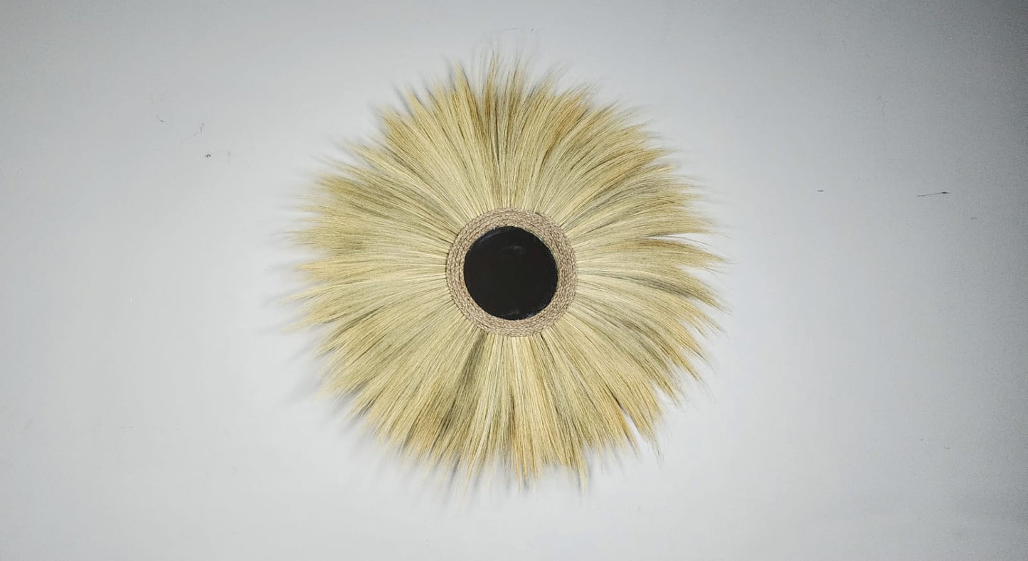 Ohilo Large Natural Rayung Fringed Wall Mirror in Bohemian Style | Tiger Grass Wall Hanging for Home Decor Gift