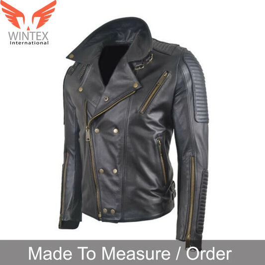 Men’s Real Cowhide Leather Bikers Jacket Quilted Panels Heavy Zippers Bikers Jacket