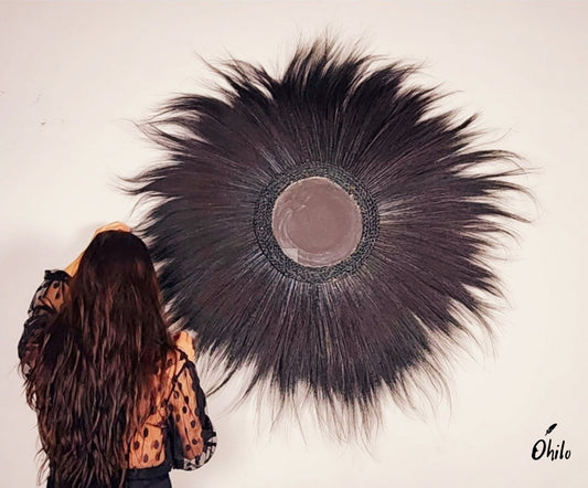 Ohilo Large Natural Rayung Fringed Wall Mirror in Bohemian Style | Tiger Grass Wall Hanging for Home Decor Gift (Black)