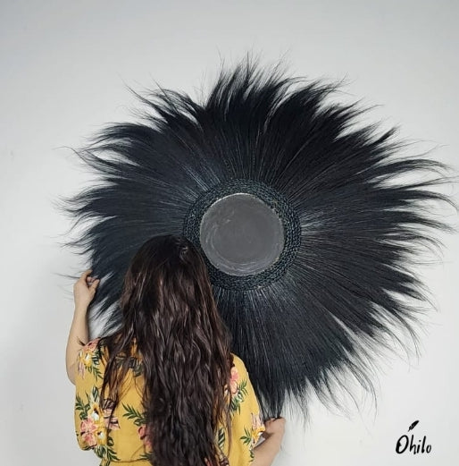 Ohilo Large Natural Rayung Fringed Wall Mirror in Bohemian Style | Tiger Grass Wall Hanging for Home Decor Gift (Black)