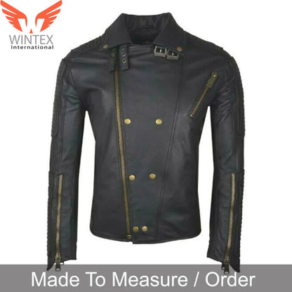 Men’s Real Cowhide Leather Bikers Jacket Quilted Panels Heavy Zippers Bikers Jacket