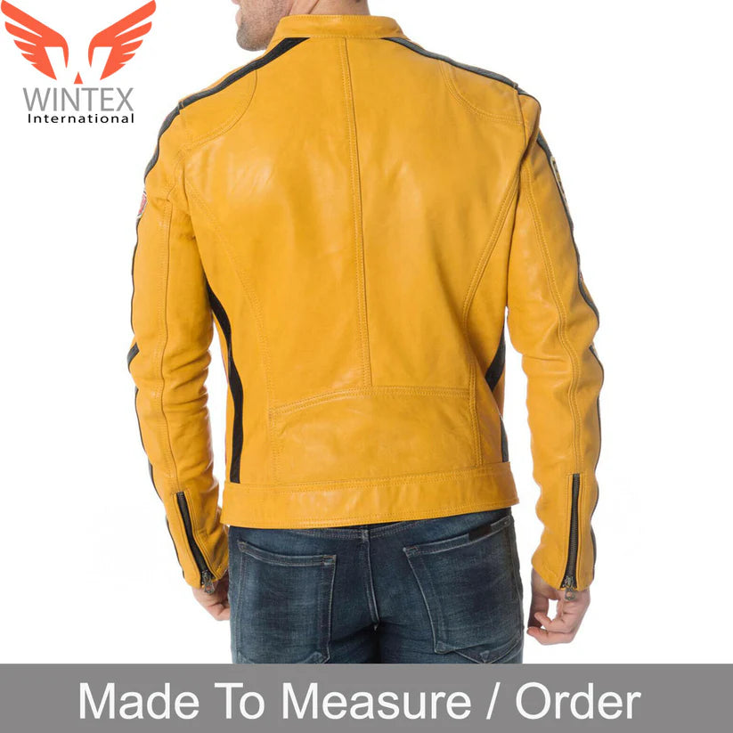 Men’s Cowhide Leather Bikers Jacket in Yellow Color With Red & Black Stripes