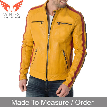 Men’s Cowhide Leather Bikers Jacket in Yellow Color With Red & Black Stripes